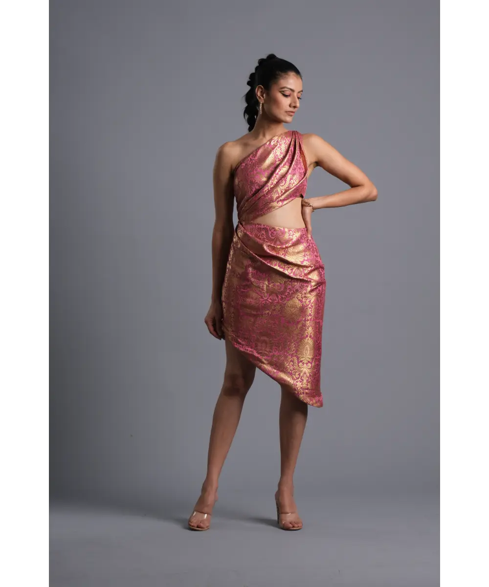 AASTHA SOOD - Bubblegum pink Asymmetric Brocade Dress